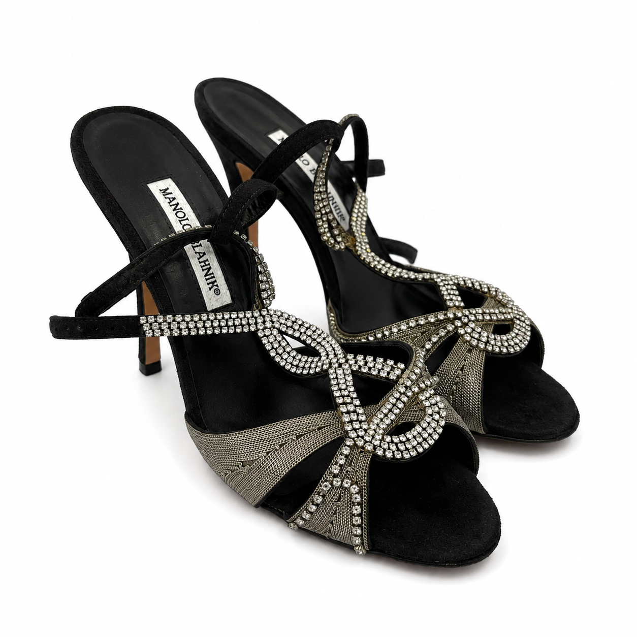 MANOLO BLAHNIK rhinestone, gold chain, and black suede heels