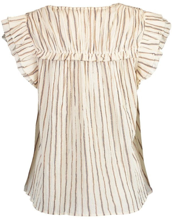 ULLA JOHNSON cream tshirt blouse, metallic copper and blue stripes, strings by neck