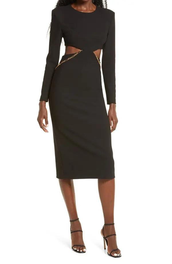 MISHA black dress with cutouts and gold chain