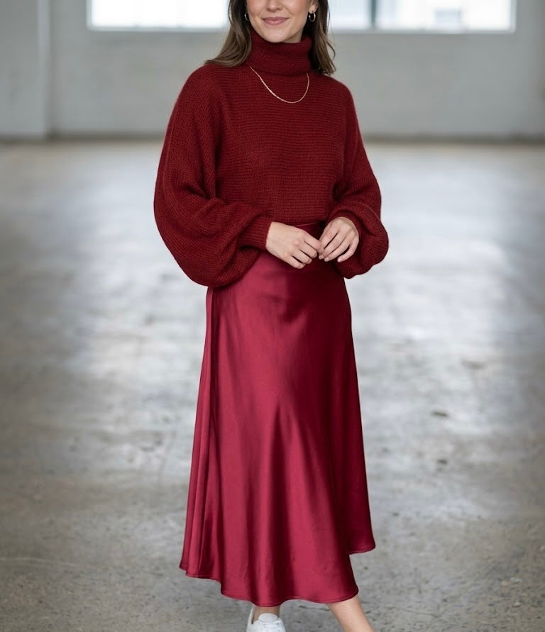 Sally Lapointe Burgundy Satin A- Line Midi Skirt