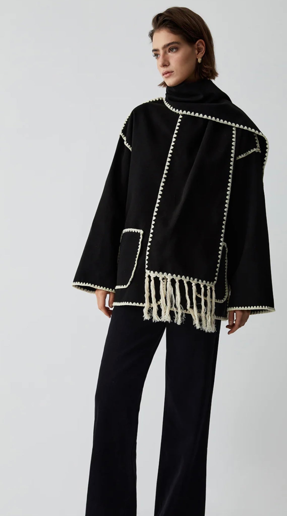 COMMENSE - Contrast Trim Jacket With Matching Scarf