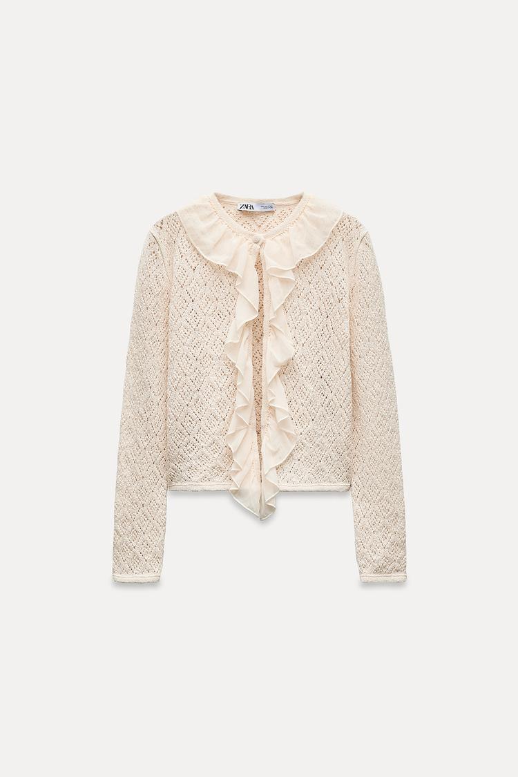 ZARA ruffled pointelle knit cardigan