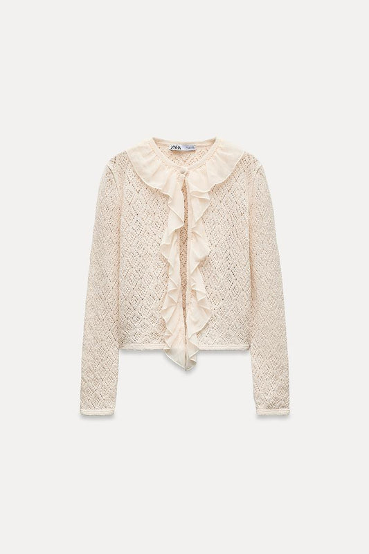 ZARA ruffled pointelle knit cardigan