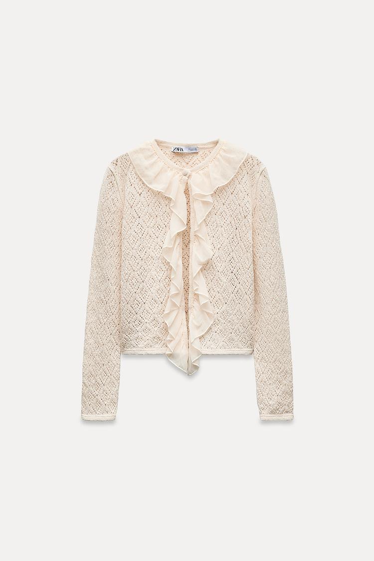 ZARA ruffled pointelle knit cardigan