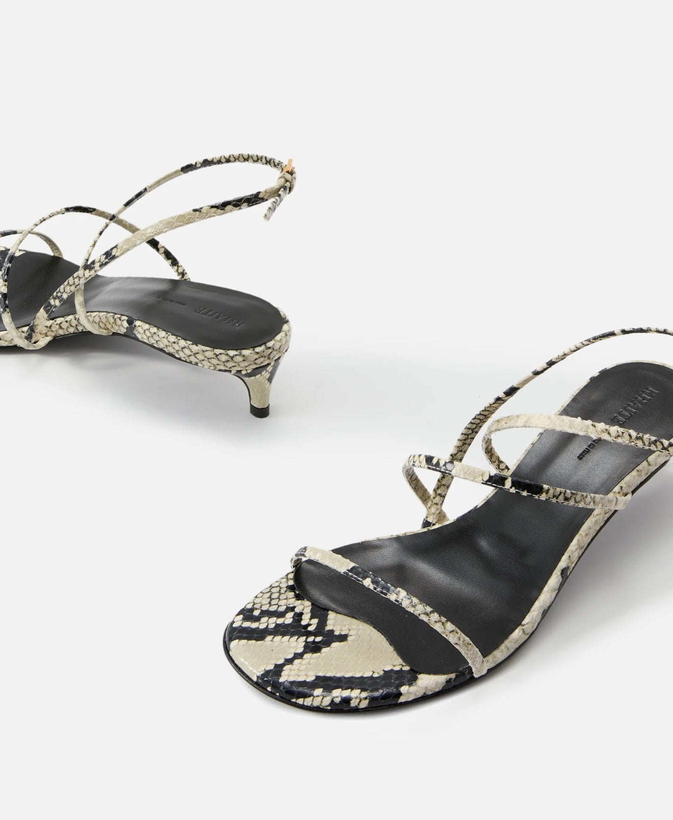 KHAITE snakeskin strappy kitten heels, white and black