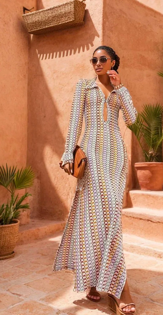 Sunfere - Dawn V-neck Collared Crochet Maxi Dress