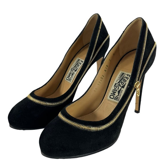 SALVATORE FERRAGAMO black suede heels with gold zipper heels