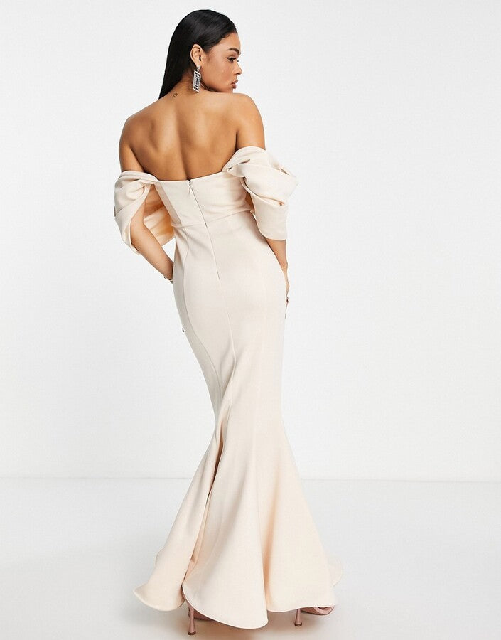 ASOS Design nude/light pink long gown with large bow design on chest