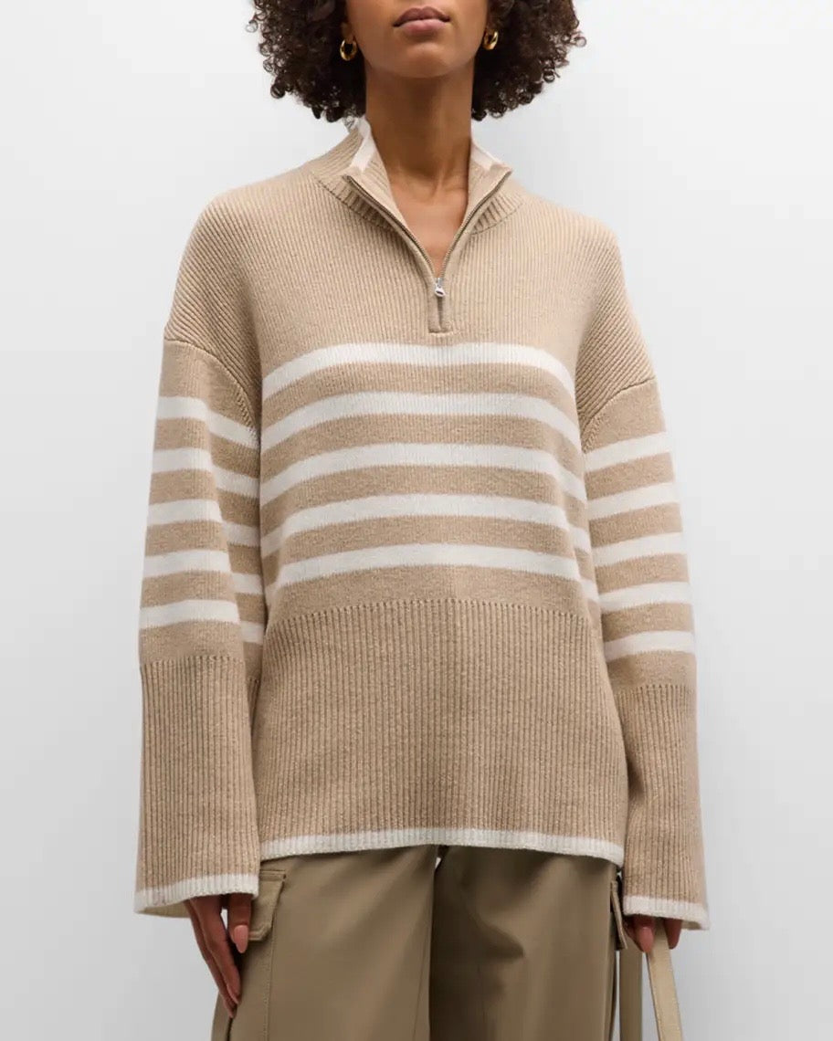 RAILS beige and white stripes quarter zip sweater
