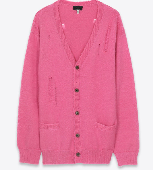 R13 Denim Collection Shaggy Oversized Distressed Edge Cardigan - Pink