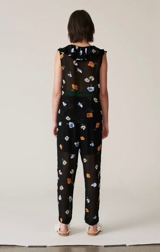 GANNI - Black Floral Wrap Top & Pants (sold as a set)