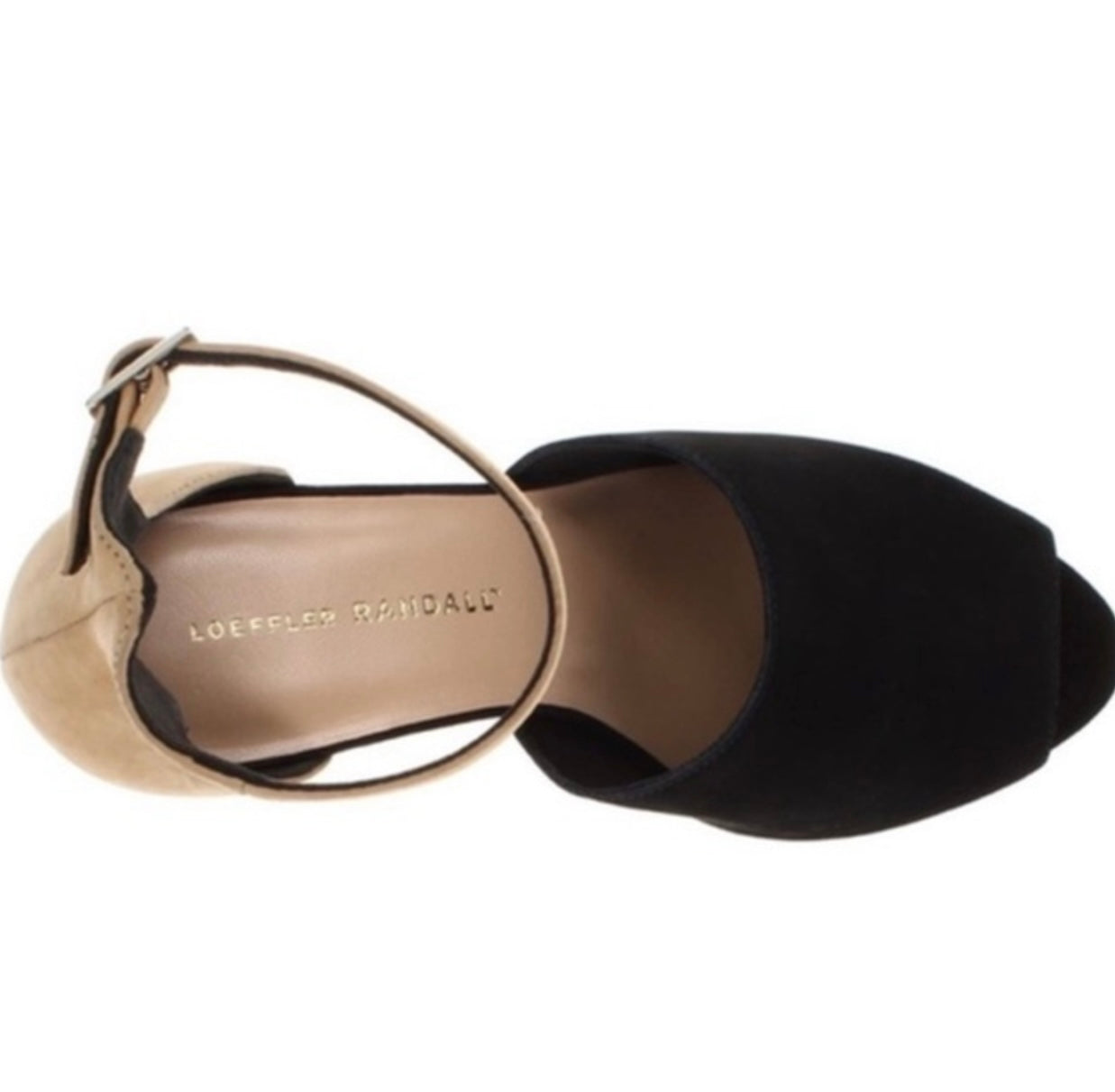 LOEFFLER RANDALL black suede with tan ankle strap and silver heel