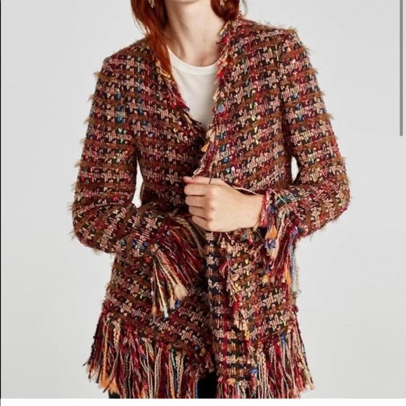 ZARA multi colour tweed jacket with fringe