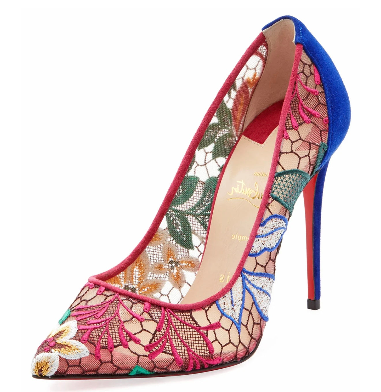 Christian Louboutin Multicolor Follies Lace and Suede Floral Rete Pumps