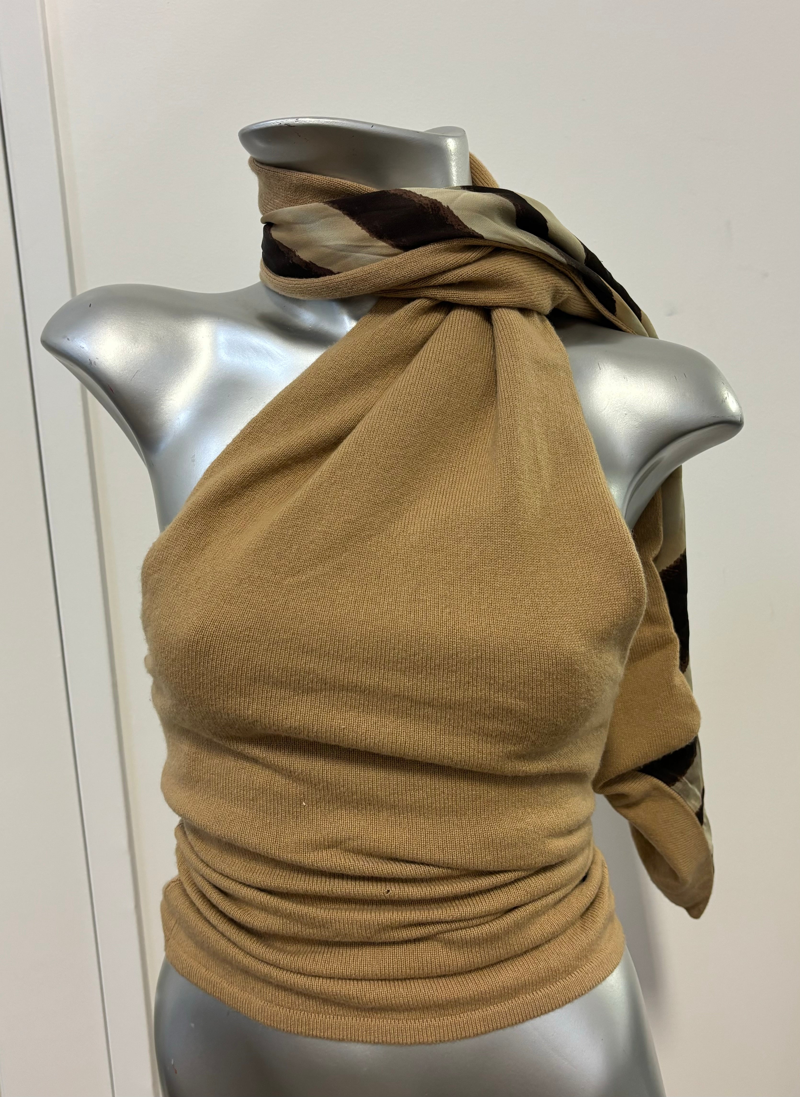 RALPH LAUREN camel colour knit tube top with brown zebra silk scarf sewn in
