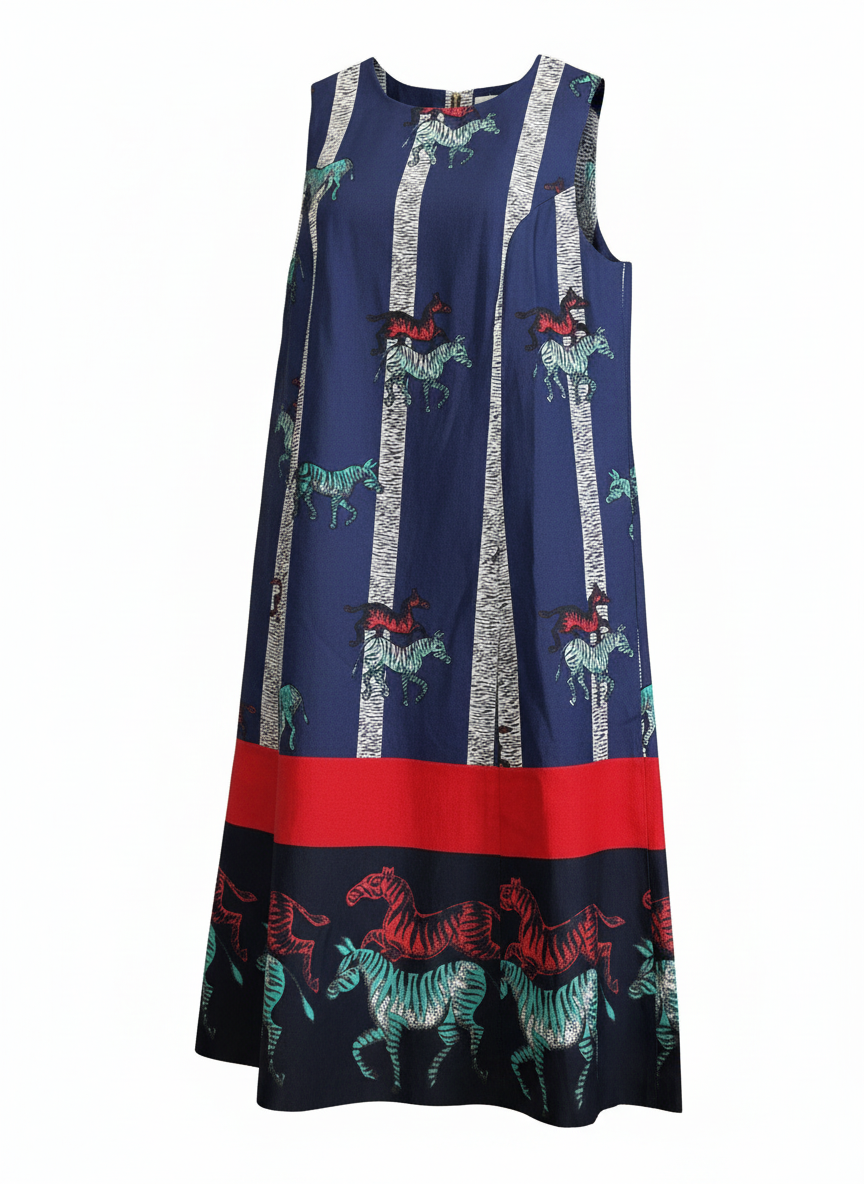 SUNO navy blue rayon ottoman fabric with galloping zebra dress