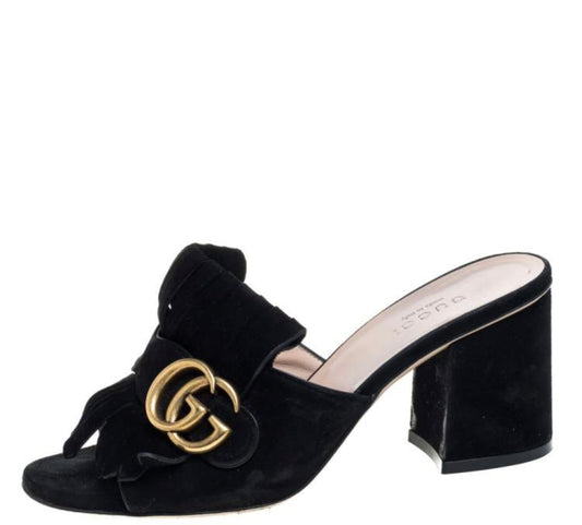 Gucci - 
Gucci Black Suede GG Marmont Fringe Mules