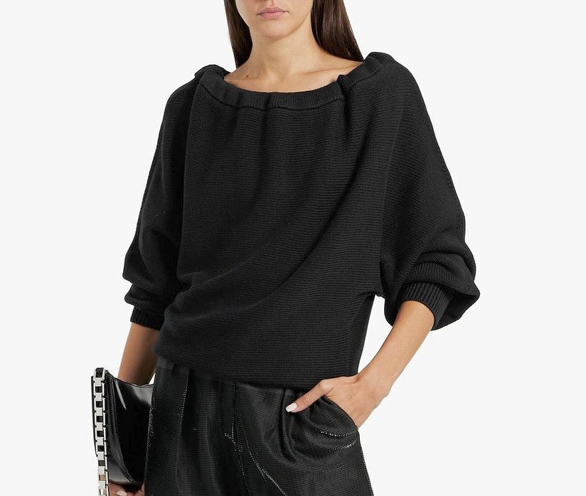 HELMUT LANG black long sleeve knit sweater, wide neck with rope tie