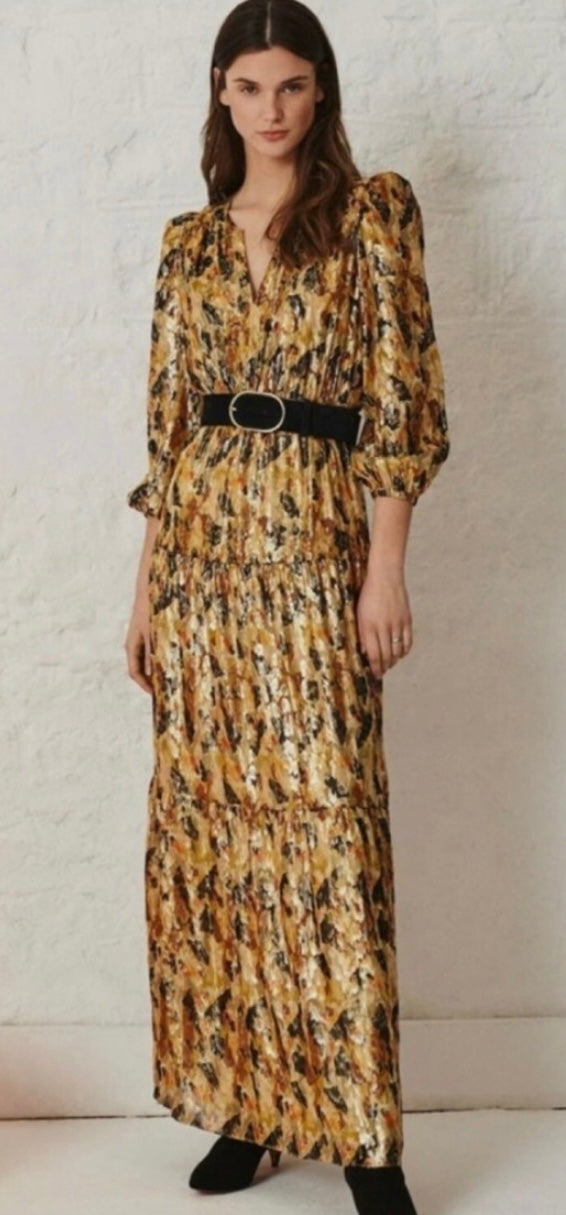 BA&SH Gullian Robe Maxi Dress Long Sleeve Gold Metallic Print