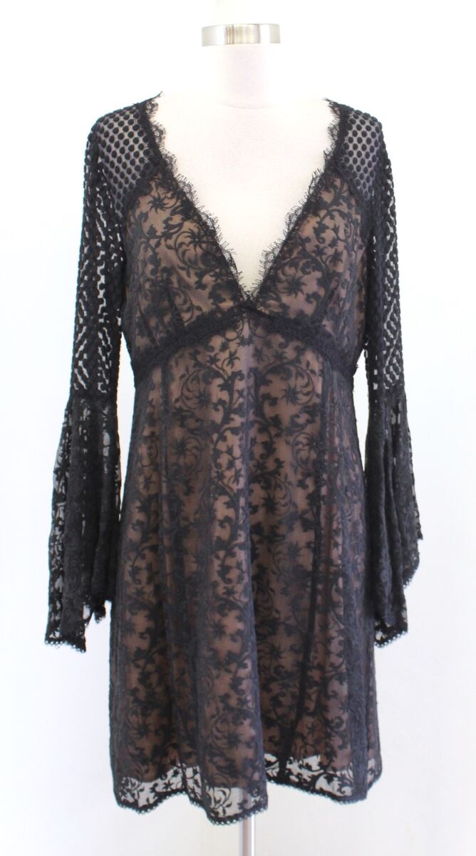 NANETTE LEPORE embroidered lace bell sleeve silk mini dress