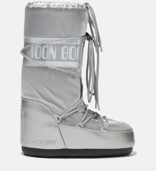 MOON BOOT- ICON GLANCE SILVER SATIN BOOTS