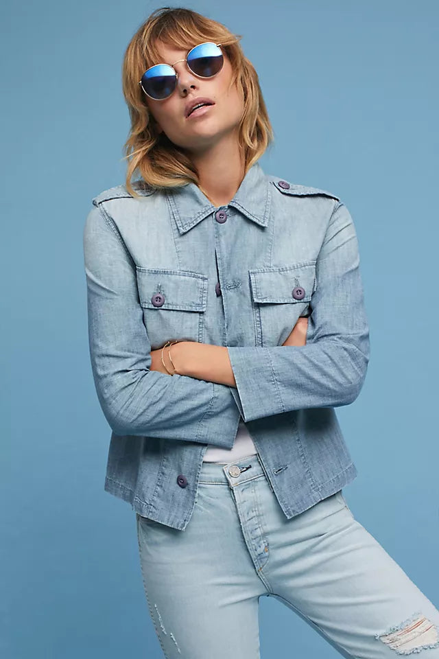 AMO 100% cotton denim button up, purple buttons