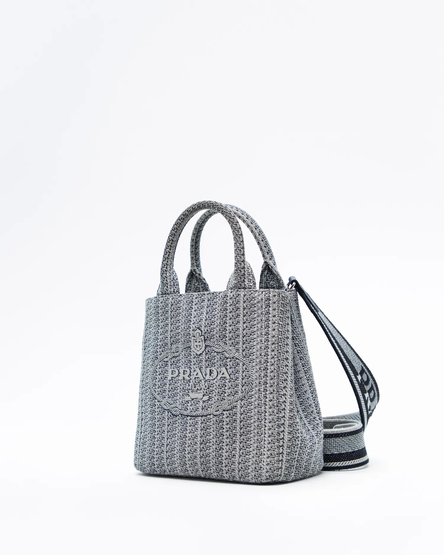 PRADA woven jacquard drill handbag with crossbody strap