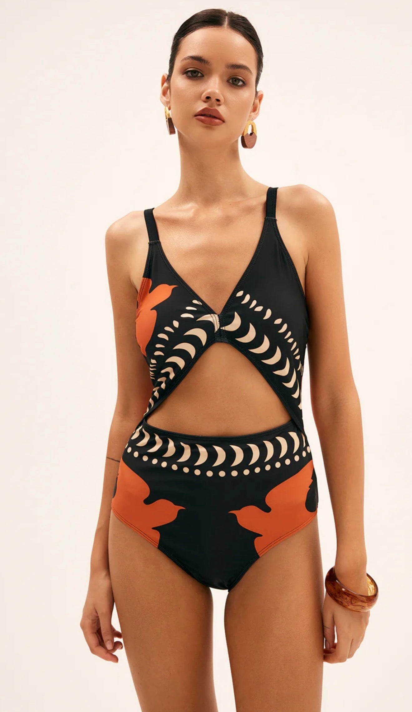 Commense - Bird Print Cutout One Piece Swimsuit