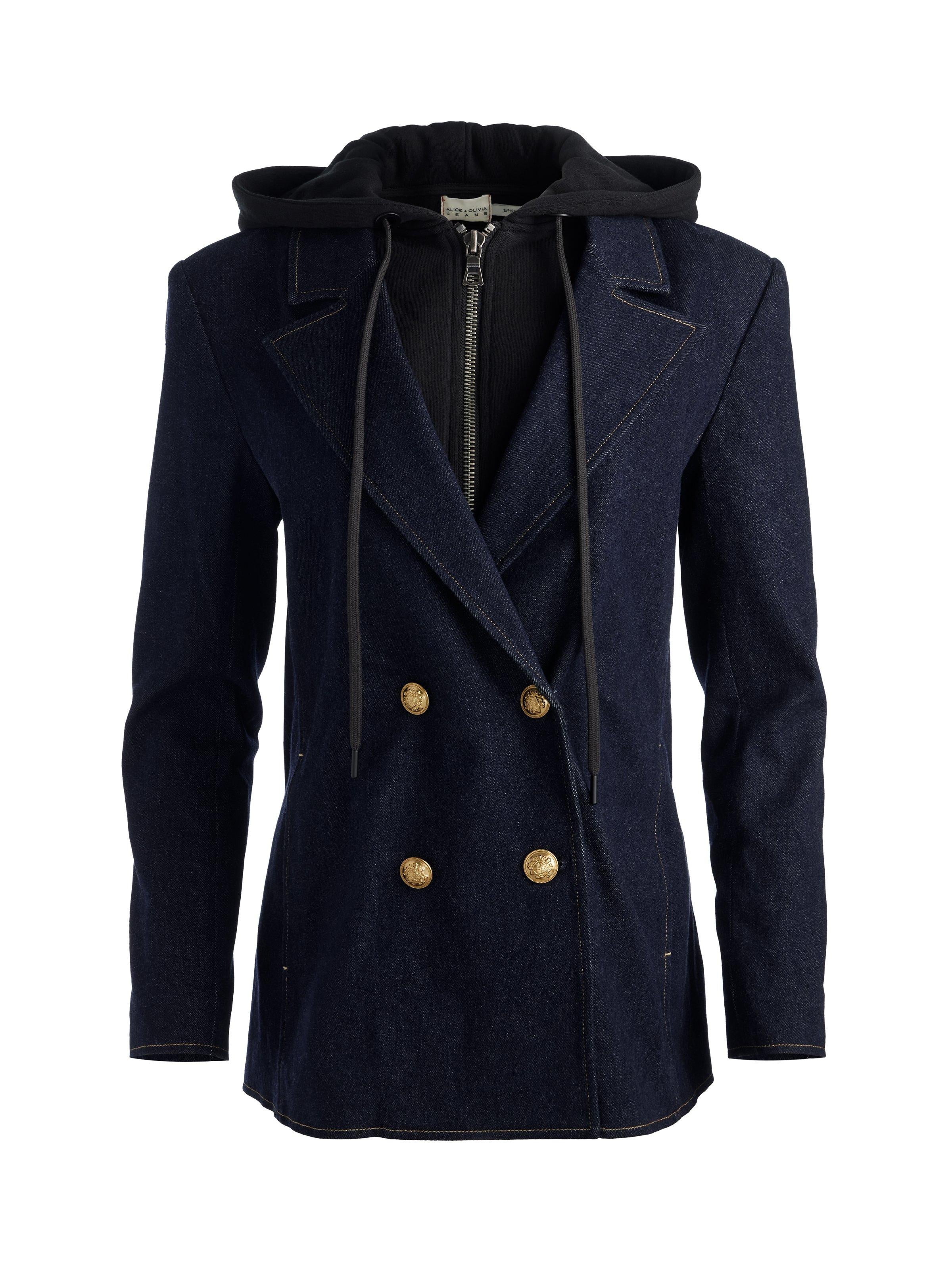 Alice and Olivia Jeans Navy Double Breasted Denim Blazer with Hooded Insert and Gold Buttons