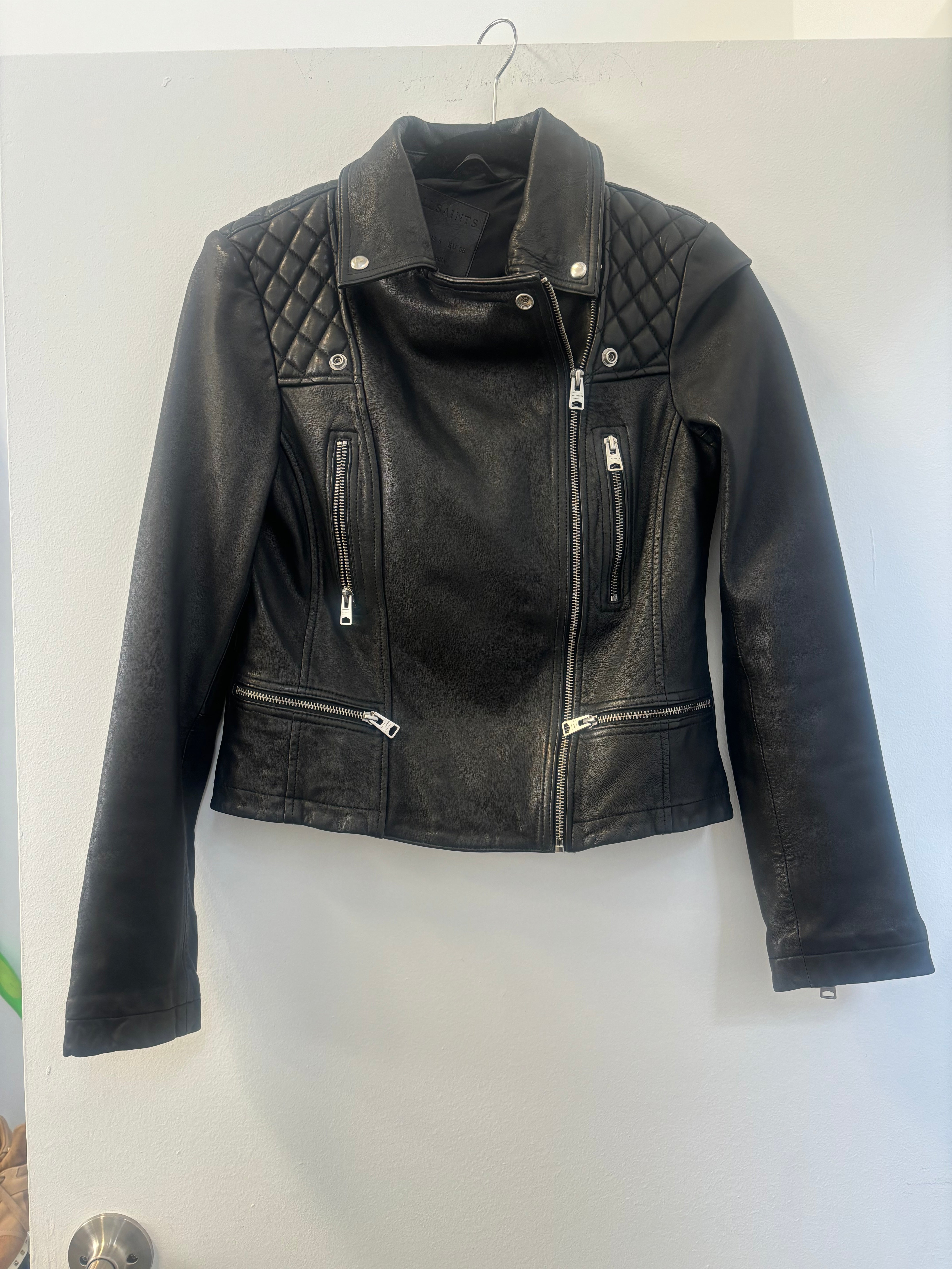 ALLSAINTS black leather jacket, quilted leather shoulders