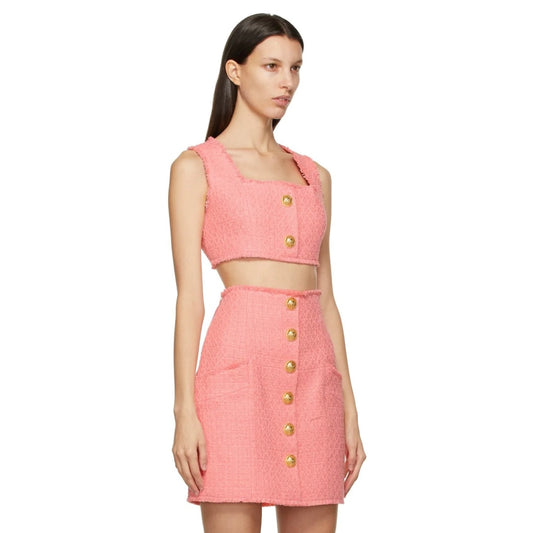 BALMAIN - PINK TWEED CROPPED TANK TOP