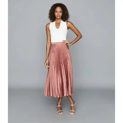 REISS coral pleated satin maxi skirt