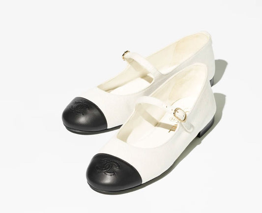 CHANEL MARY JANER FLATS IN COTTON & LAMSKIN, WHITE & BLACK