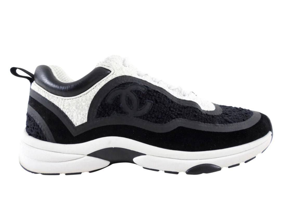 Chanel Black and White CC Tweed Sneakers