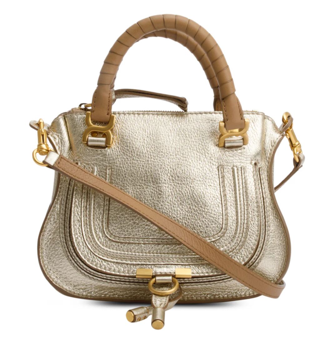 Chloe Metallic Gold Calfskin Leather Mini Marcie Shoulder Bag w/ Strap