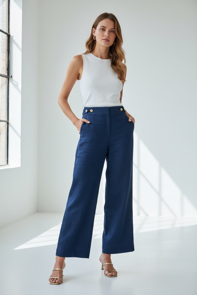 VERONICA BEARD navy linen blend pants with gold buttons