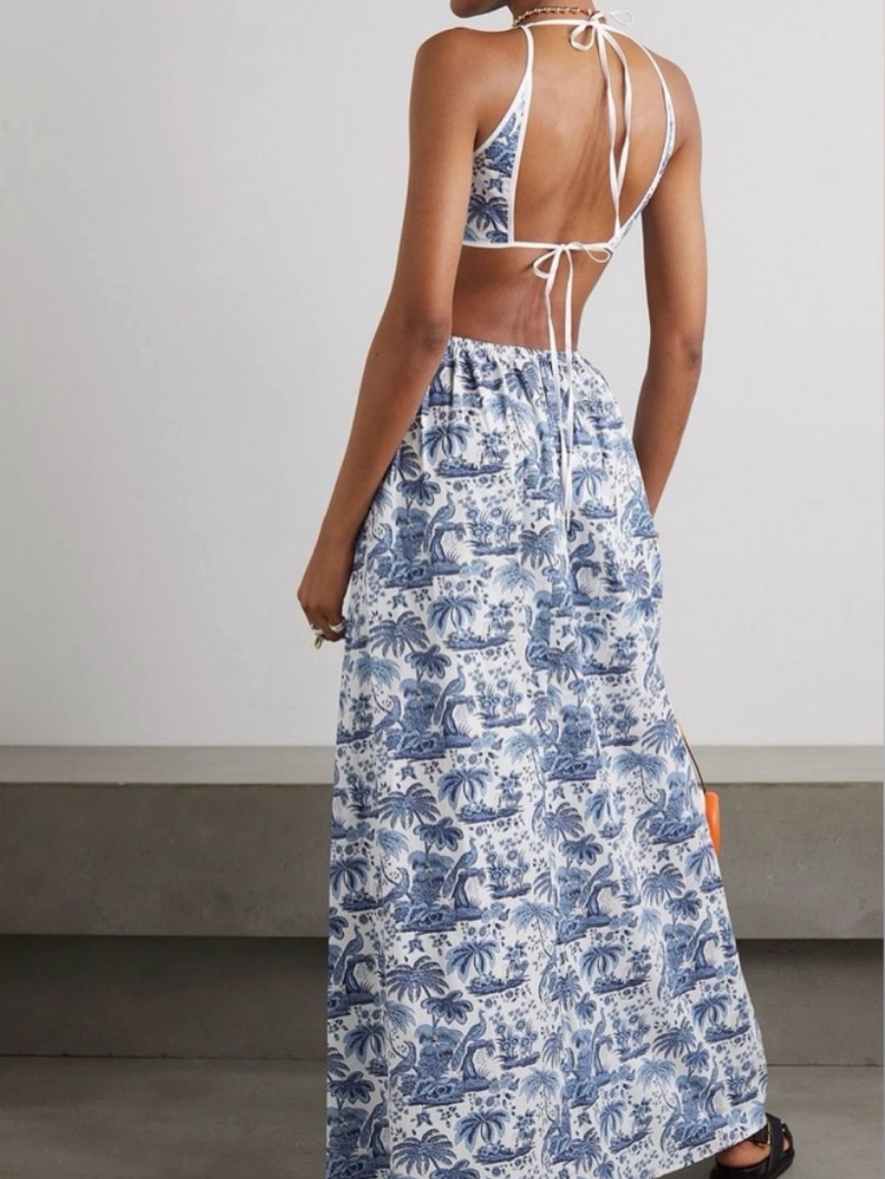 Staud Blue and White Toile Palm Tree Halter Cutout Maxi Dress