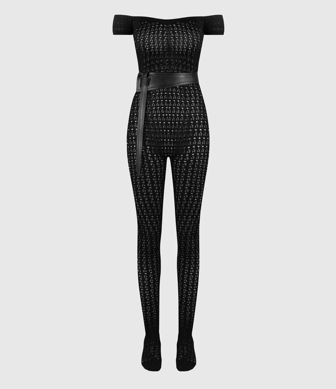 MANIERE DE VIOR black knit pointelle jumpsuit with leather belt