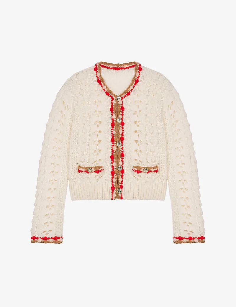 MAJE wool crochet cream cardi with red stitching