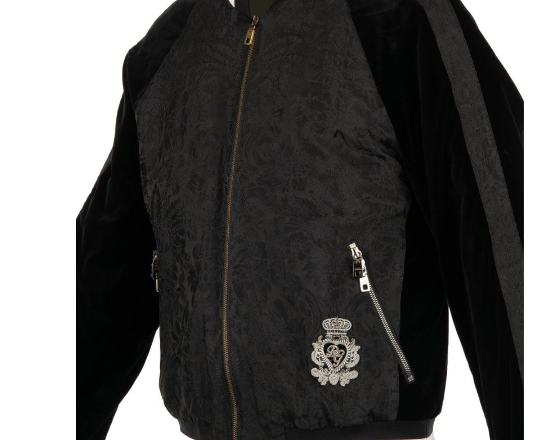 DOLCE & GABBANA KIDS - Velvet and Brocade Varsity Jacket with Embroidered Logo Black