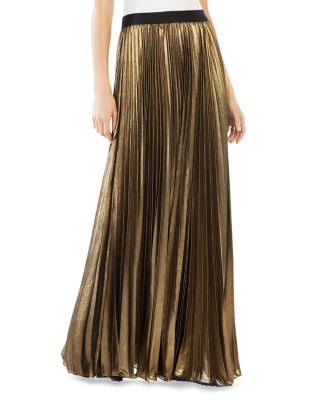 BCBG MAXAZRIA Metallic Gold Pleated Midi Skirt