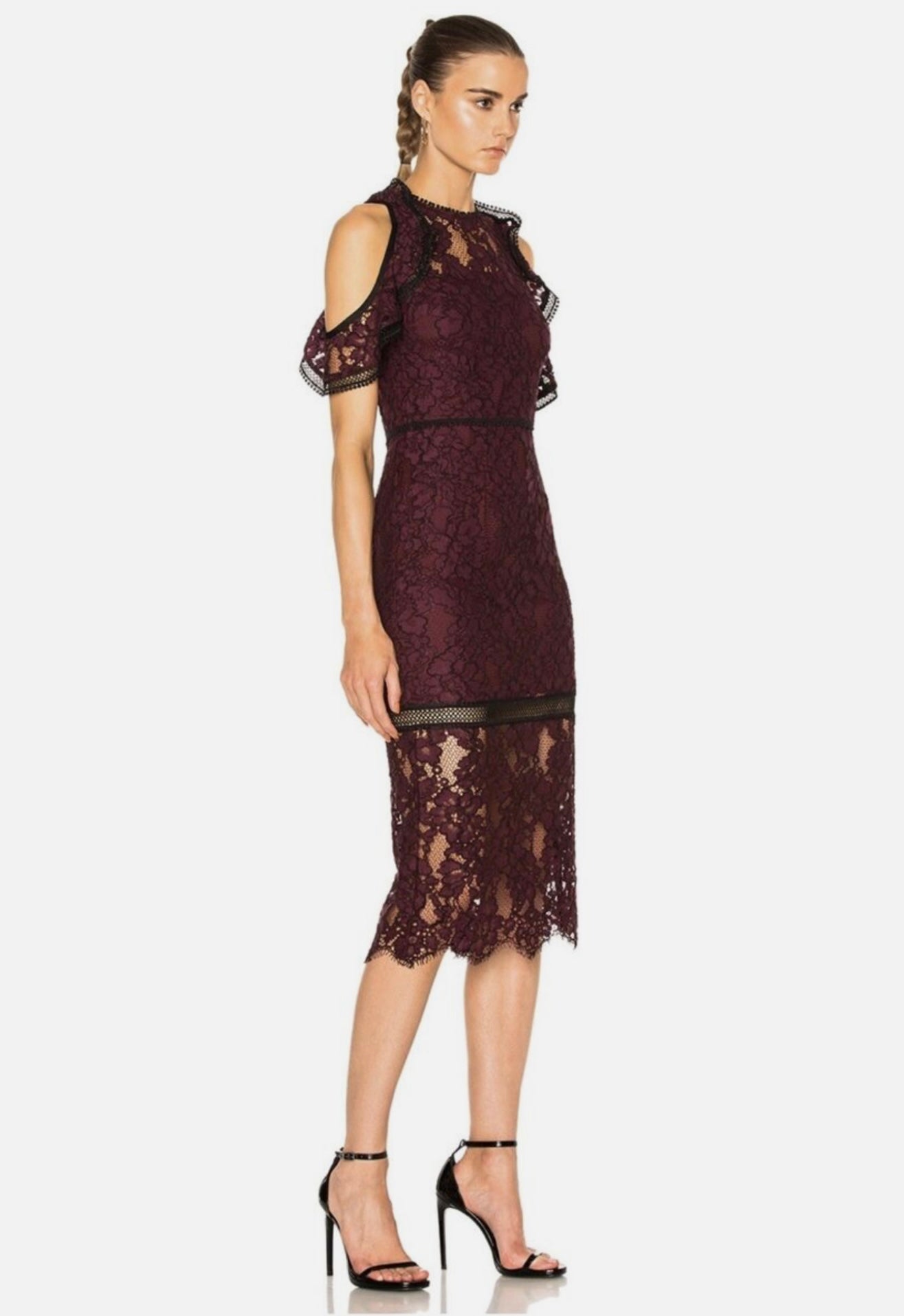 Alexis Evie burgundy cold shoulder lace midi sheath dress