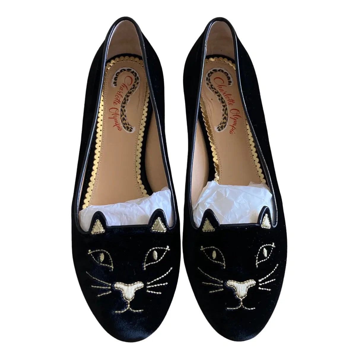 CHARLOTTE OLYMPIA BLACK CAT VELVET FLATS