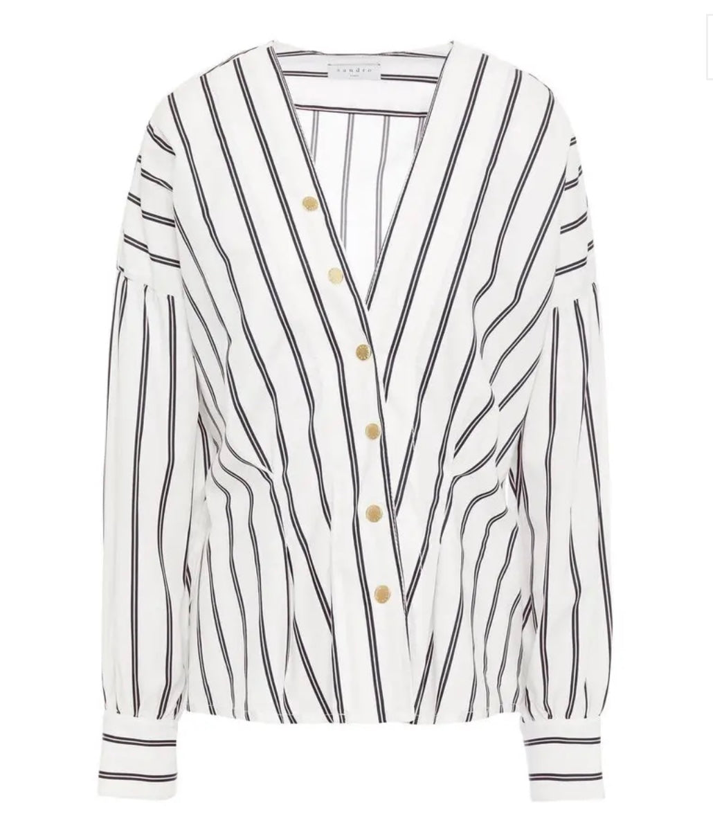 SANDRO 
Naelle Snap-Detailed Striped Cotton-Poplin Shirt - White