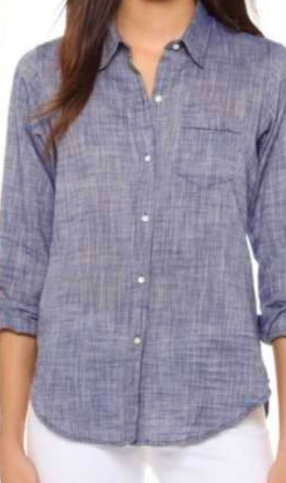 NILI LOTAN sheer blue cotton gauze long sleeve button up
