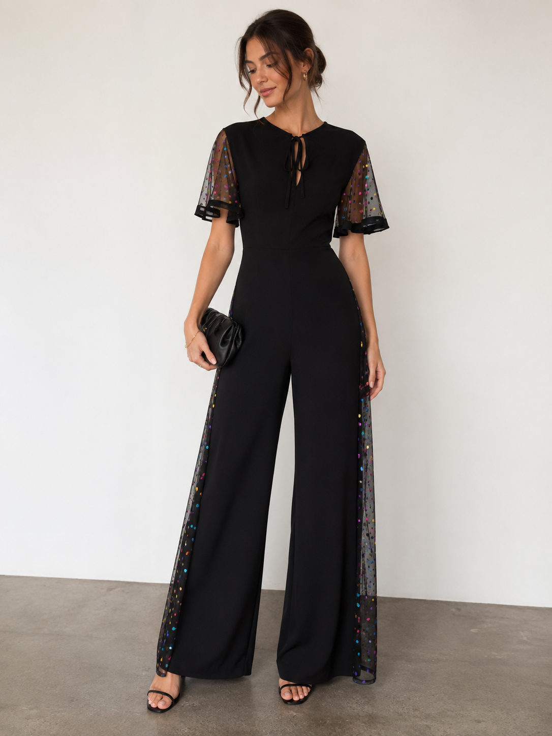 STAUD black maxi jumpsuit, sheer black sleeves w stitched rainbow polka dots