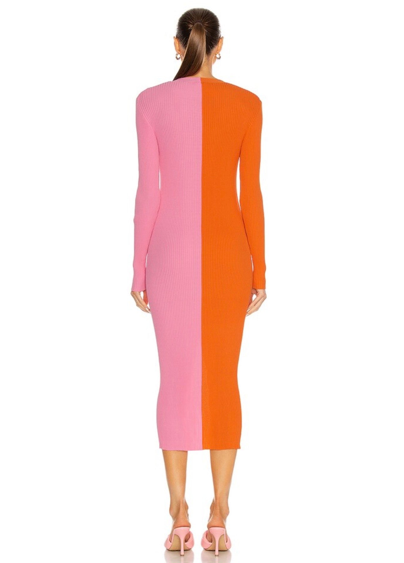 STAUD orange and pink split long sleeve maxi dress