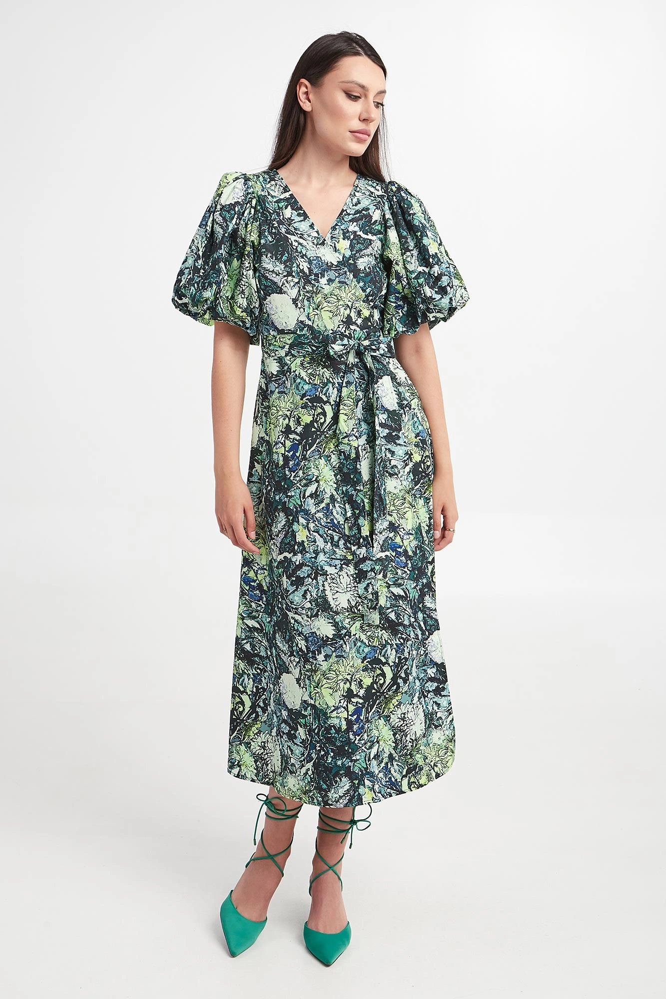 GESTUZ Caragz Wrap dress, puff sleeve maxi dress with green floral print