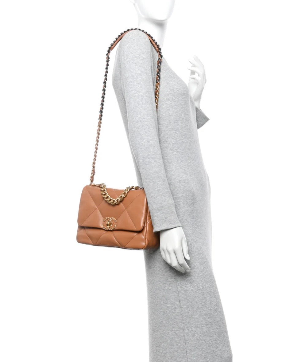 CHANEL camel brown lambskin leather 19 two tone metal bag