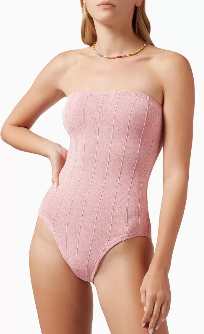 HUNZA G baby pink fabric one piece strapless swim
